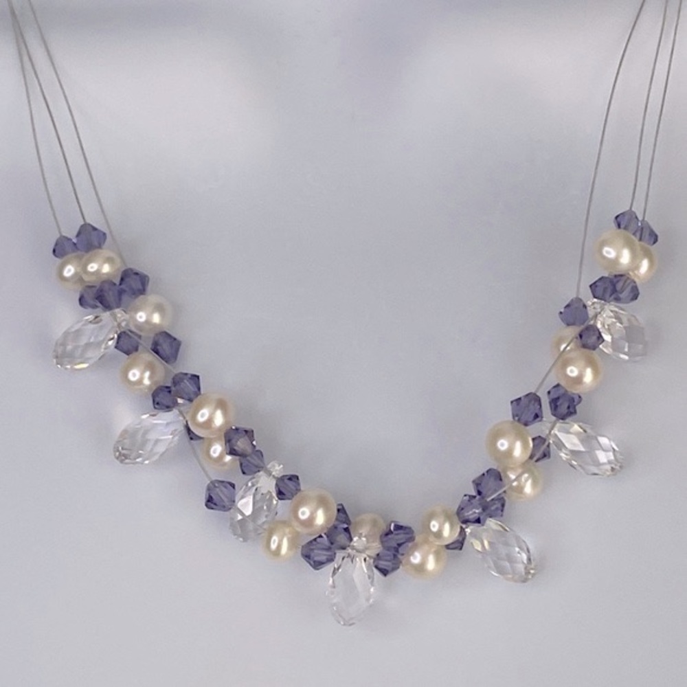 Floating necklace Swarovski crystal Pearl purple clear silver